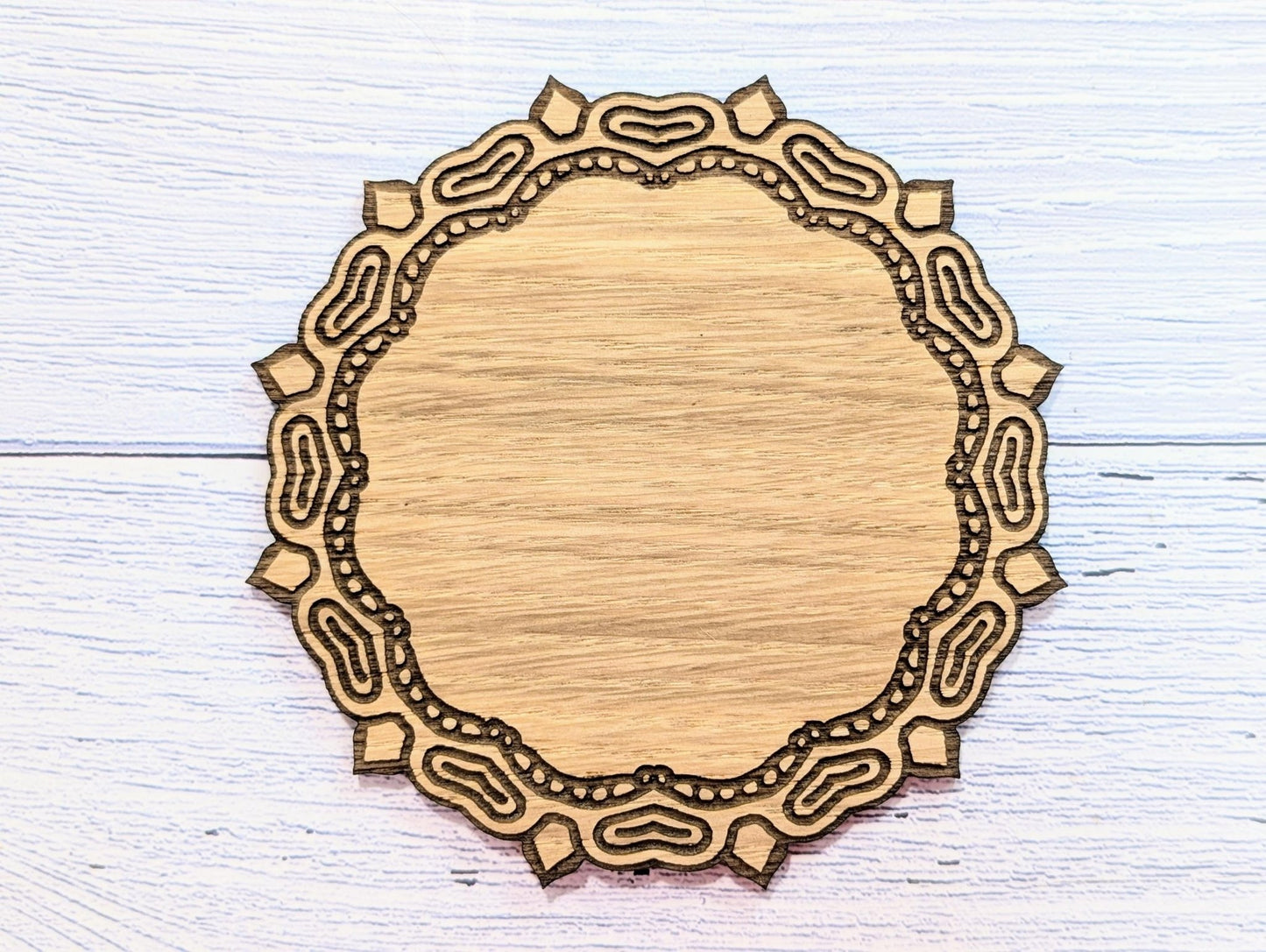 Custom Oak Coasters - Personalised Text – Eco - Friendly Gift, Your Own Message, Engraved Border – Bespoke Sustainable Craft, 110mm Diameter - CherryGroveCraft