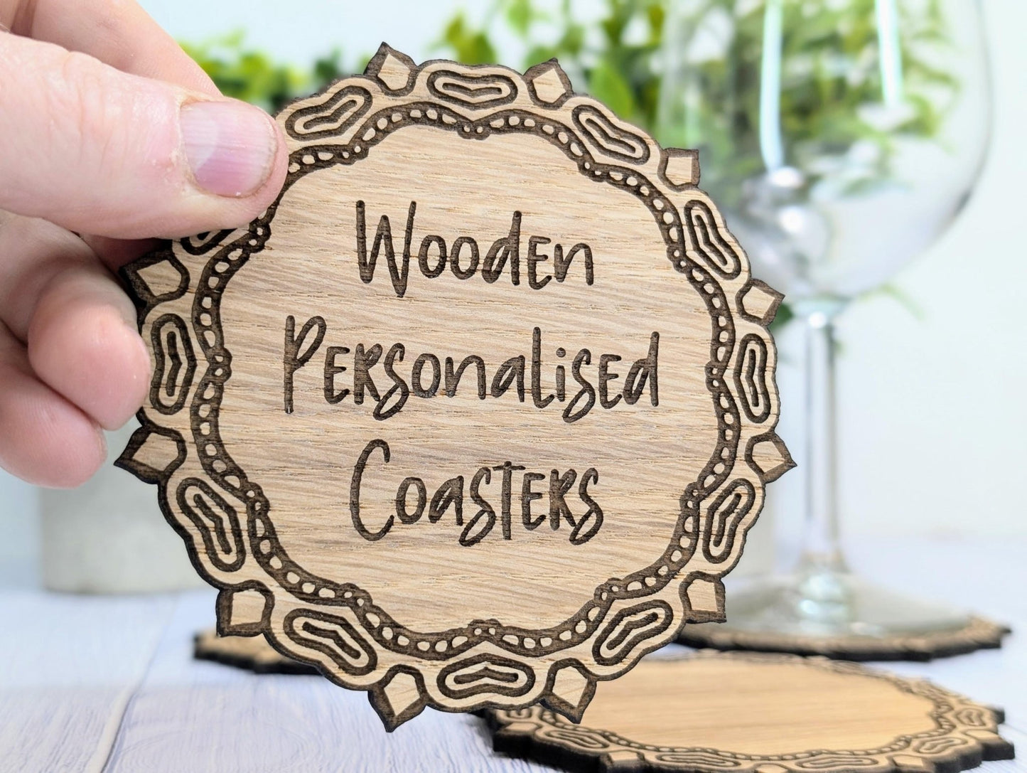 Custom Oak Coasters - Personalised Text – Eco - Friendly Gift, Your Own Message, Engraved Border – Bespoke Sustainable Craft, 110mm Diameter - CherryGroveCraft