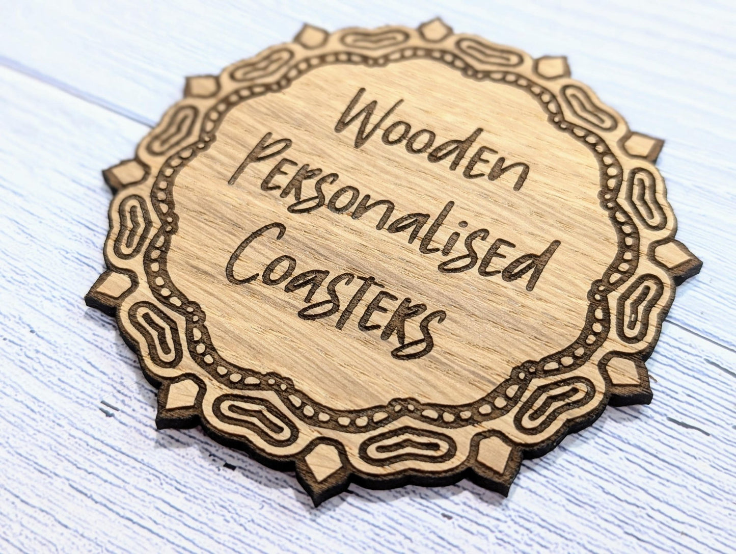 Custom Oak Coasters - Personalised Text – Eco - Friendly Gift, Your Own Message, Engraved Border – Bespoke Sustainable Craft, 110mm Diameter - CherryGroveCraft