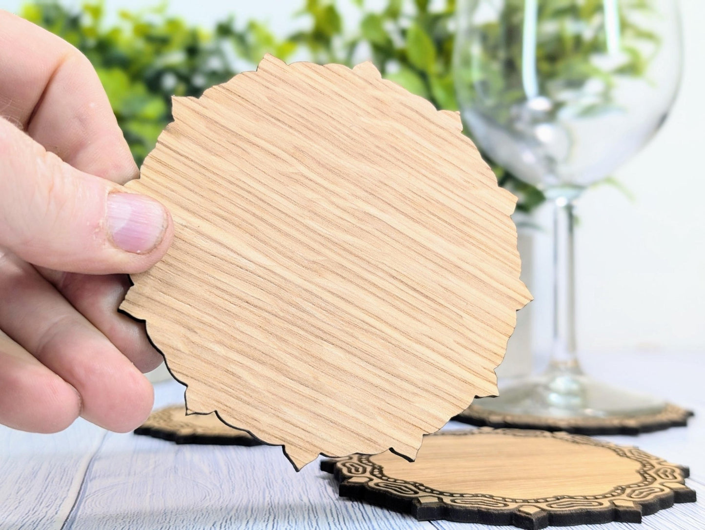 Custom Oak Coasters - Personalised Text – Eco - Friendly Gift, Your Own Message, Engraved Border – Bespoke Sustainable Craft, 110mm Diameter - CherryGroveCraft