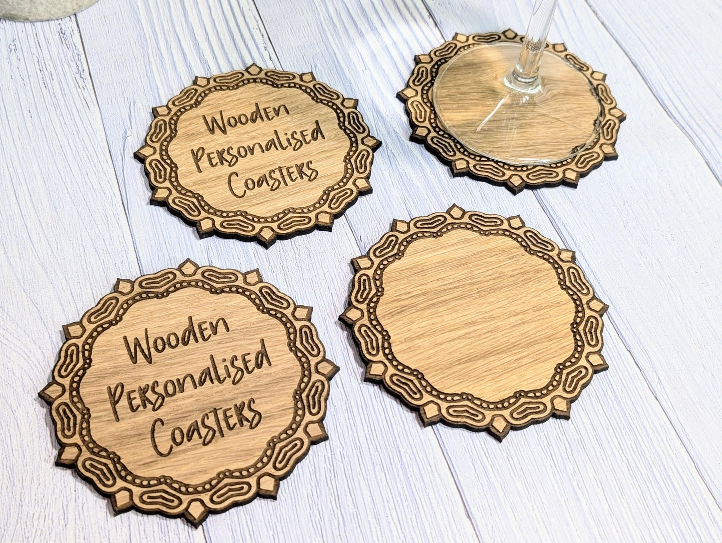 Custom Oak Coasters - Personalised Text – Eco - Friendly Gift, Your Own Message, Engraved Border – Bespoke Sustainable Craft, 110mm Diameter - CherryGroveCraft