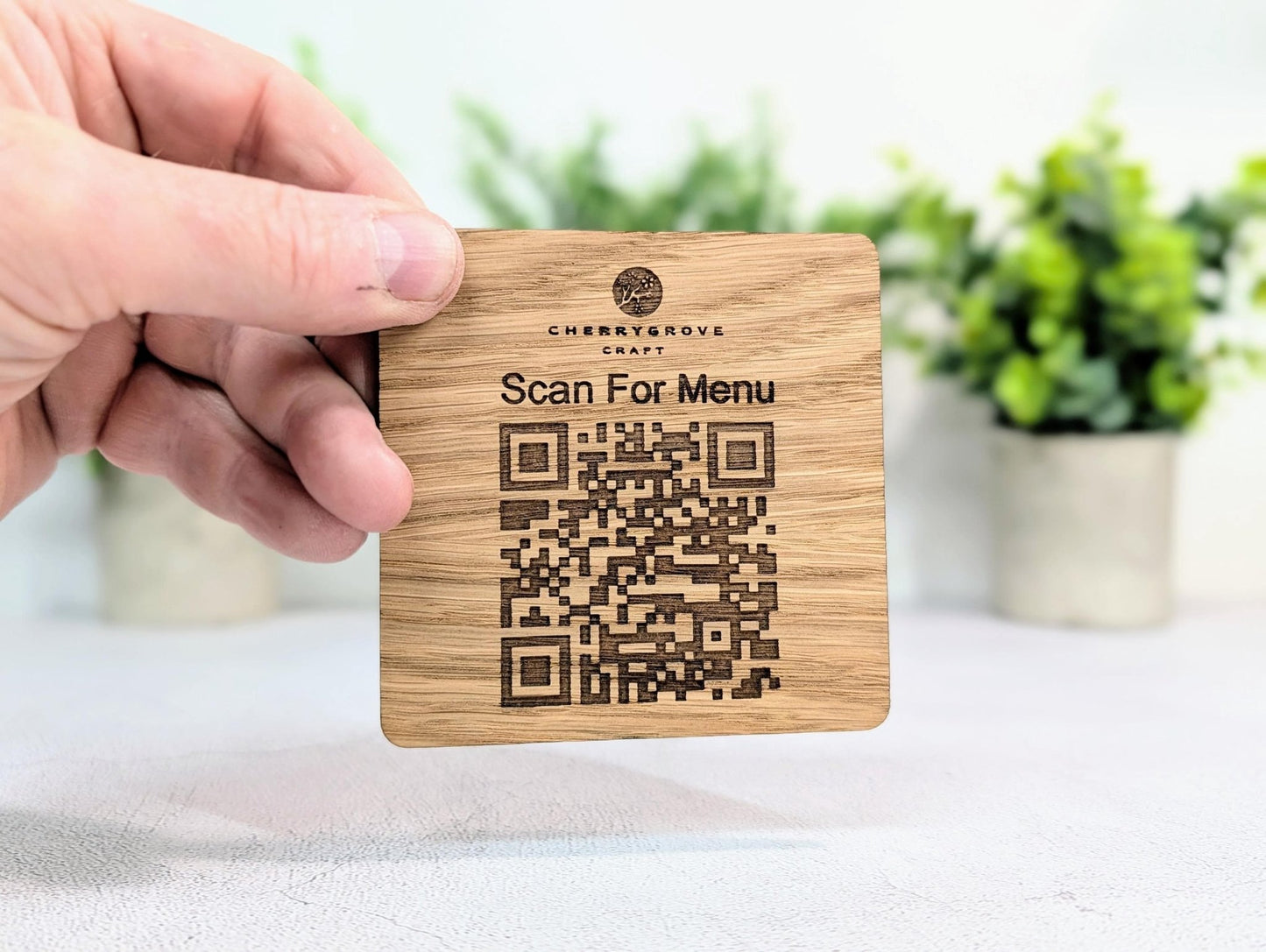 Custom QR Code Menu Coaster with Logo – Oak Veneer Engraved “Scan for Menu” Drink Coaster | Eco Business Branding, Handmade in Wales - CherryGroveCraft