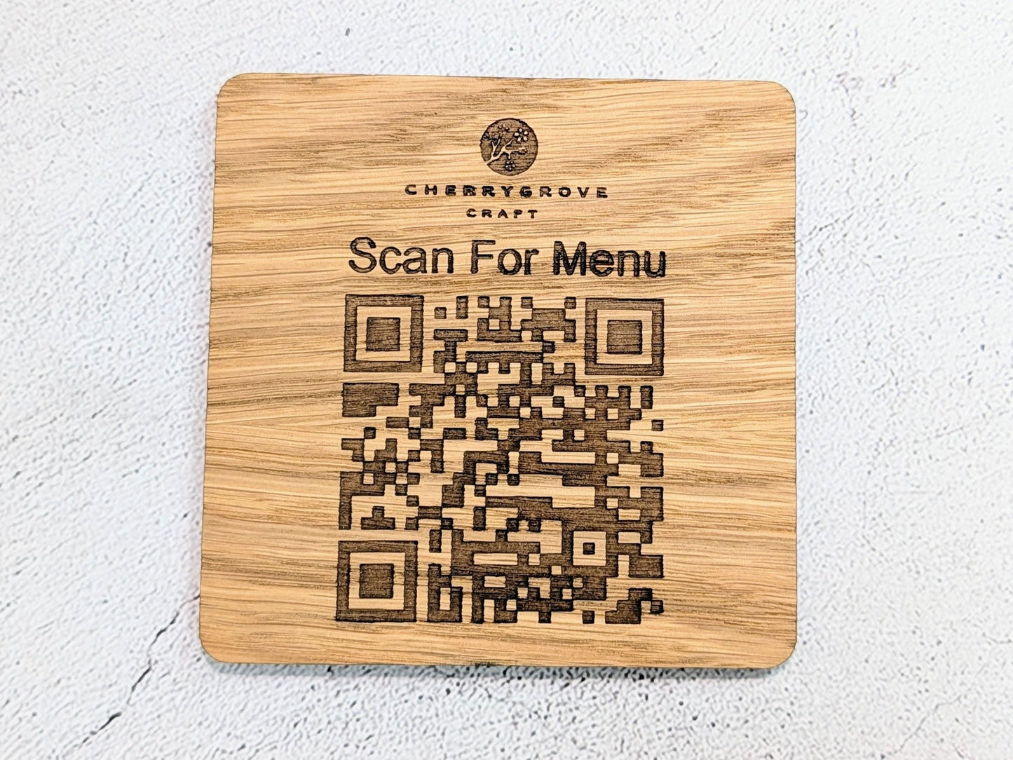 Custom QR Code Menu Coaster with Logo – Oak Veneer Engraved “Scan for Menu” Drink Coaster | Eco Business Branding, Handmade in Wales - CherryGroveCraft