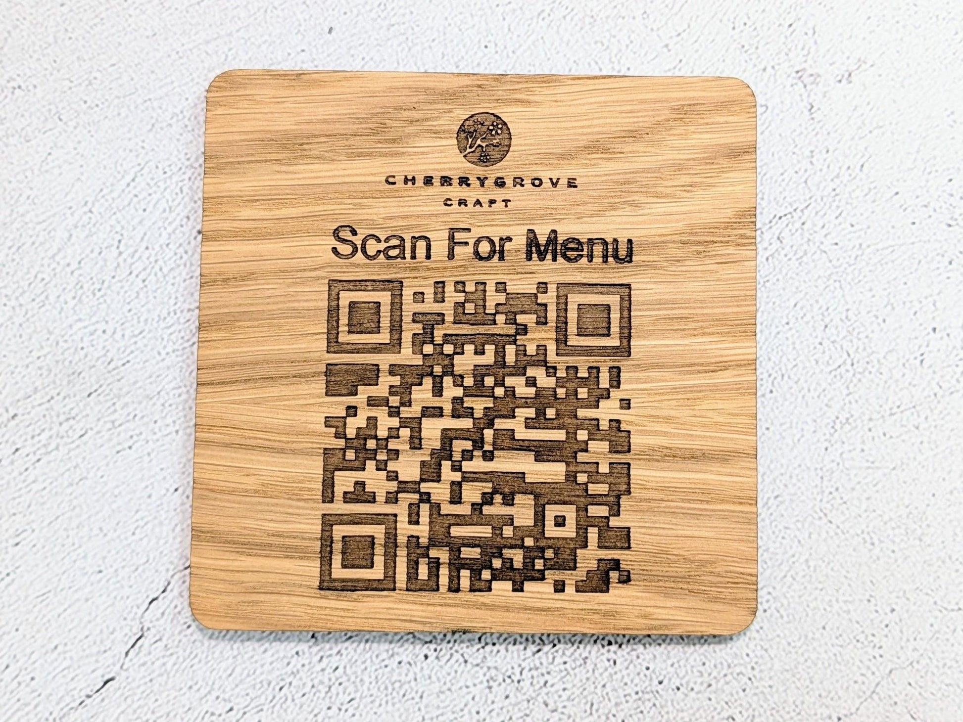 Custom QR Code Menu Coaster with Logo – Oak Veneer Engraved “Scan for Menu” Drink Coaster | Eco Business Branding, Handmade in Wales - CherryGroveCraft
