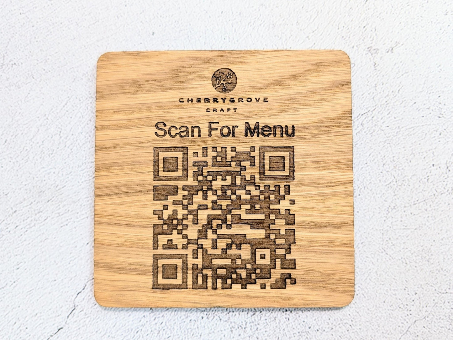 Custom QR Code Menu Coaster with Logo – Oak Veneer Engraved “Scan for Menu” Drink Coaster | Eco Business Branding, Handmade in Wales - CherryGroveCraft