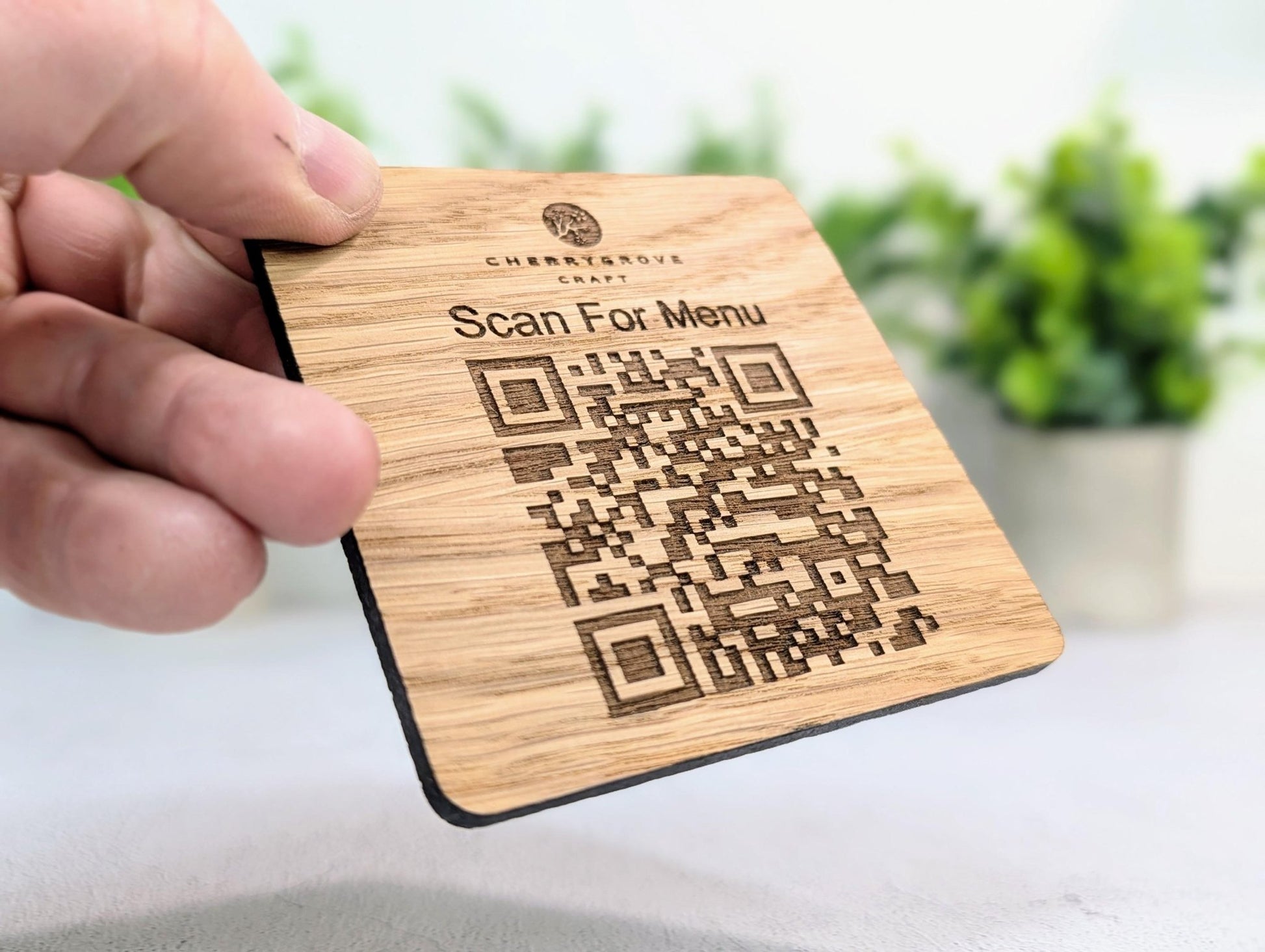 Custom QR Code Menu Coaster with Logo – Oak Veneer Engraved “Scan for Menu” Drink Coaster | Eco Business Branding, Handmade in Wales - CherryGroveCraft
