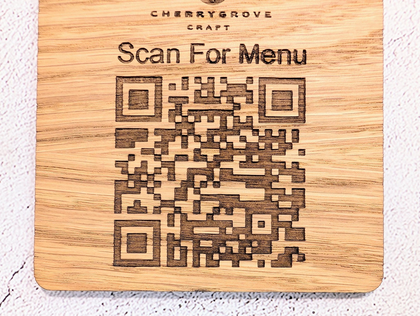 Custom QR Code Menu Coaster with Logo – Oak Veneer Engraved “Scan for Menu” Drink Coaster | Eco Business Branding, Handmade in Wales - CherryGroveCraft