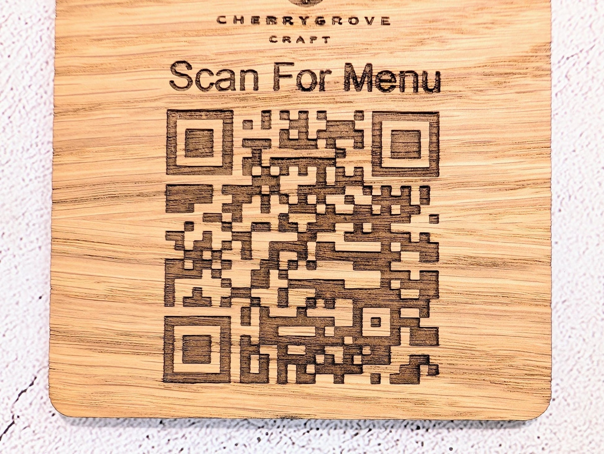 Custom QR Code Menu Coaster with Logo – Oak Veneer Engraved “Scan for Menu” Drink Coaster | Eco Business Branding, Handmade in Wales - CherryGroveCraft