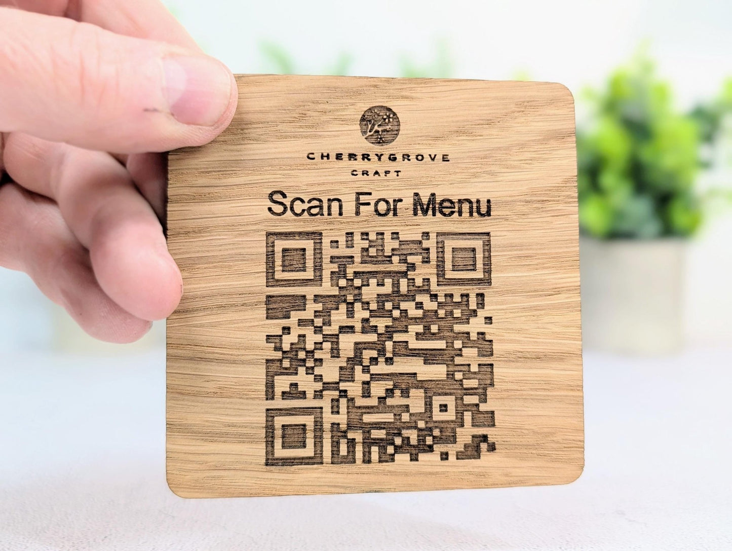 Custom QR Code Menu Coaster with Logo – Oak Veneer Engraved “Scan for Menu” Drink Coaster | Eco Business Branding, Handmade in Wales - CherryGroveCraft