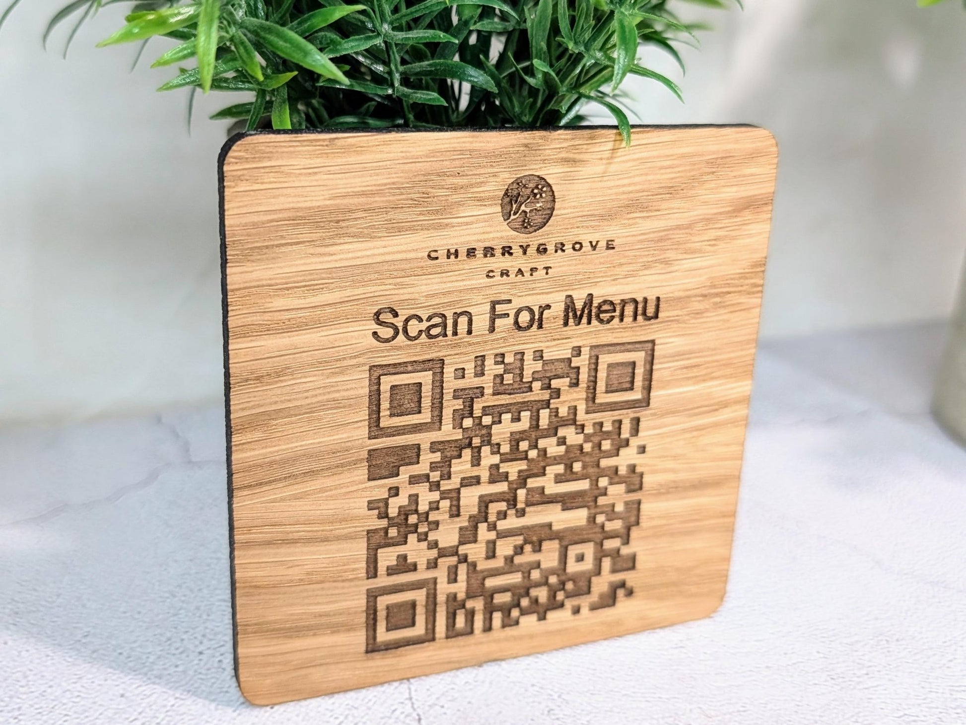 Custom QR Code Menu Coaster with Logo – Oak Veneer Engraved “Scan for Menu” Drink Coaster | Eco Business Branding, Handmade in Wales - CherryGroveCraft