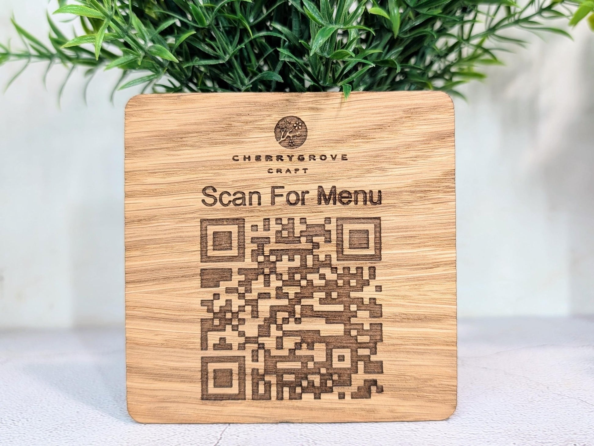 Custom QR Code Menu Coaster with Logo – Oak Veneer Engraved “Scan for Menu” Drink Coaster | Eco Business Branding, Handmade in Wales - CherryGroveCraft