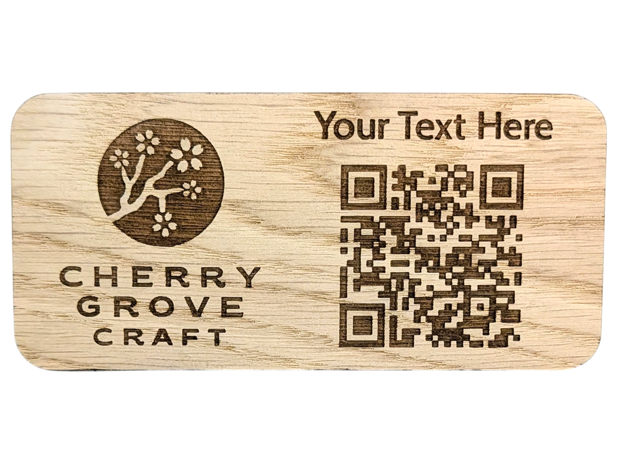 Custom QR code stand on a white background, showing where your logo, your text and the QR code are engraved