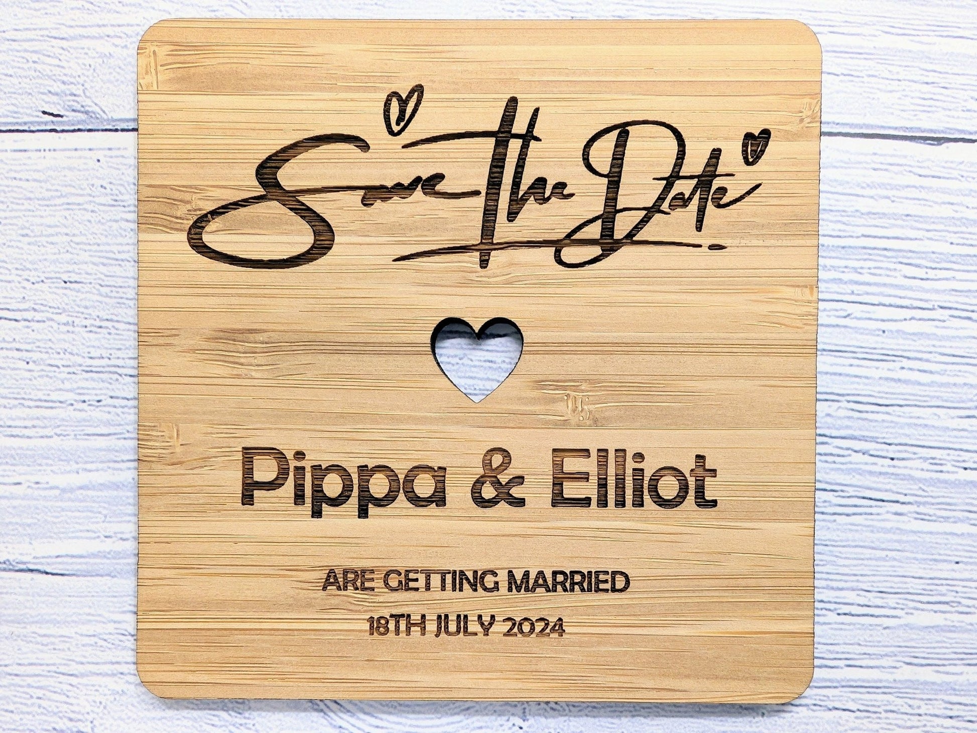 Custom 'Save The Date' Bamboo Coasters - Personalised with Names & Date - CherryGroveCraft