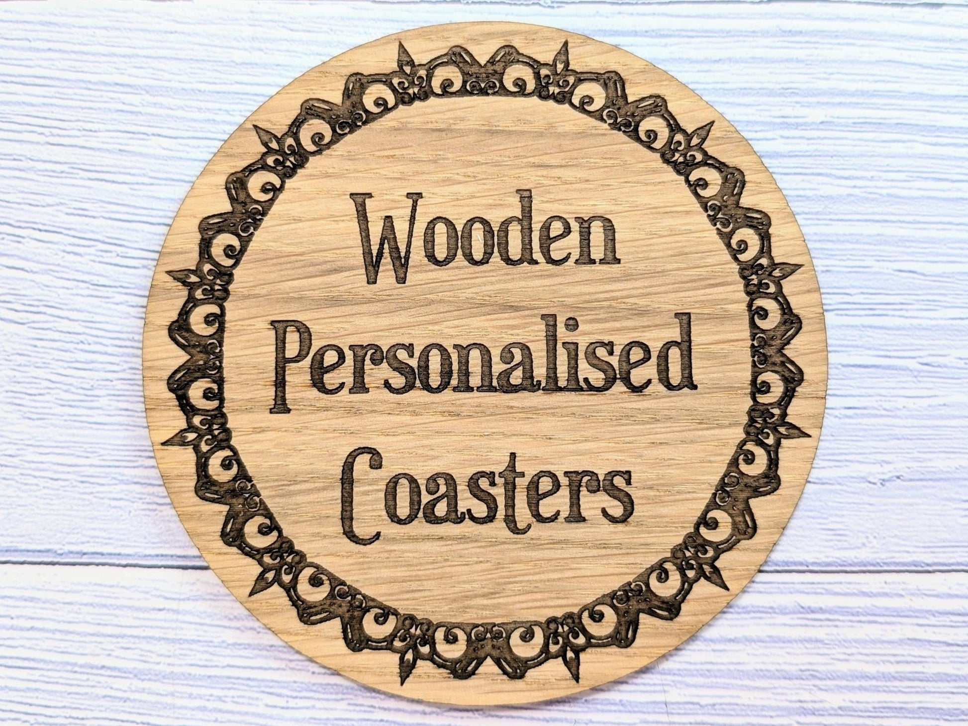 Custom Wood Coasters – Eco - Friendly Gift, Personalised Text, Engraved Border – Bespoke Sustainable Craft, Round 100mm Diameter, Coffee & Tea - CherryGroveCraft