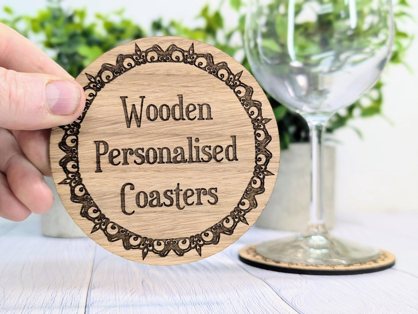 Personalised oak coaster with engraved border — 100mm, custom text