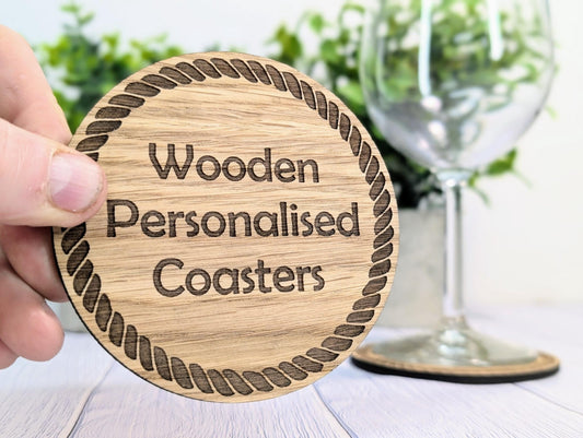 Custom Wood Coasters with Rope Border – Personalised Text, Nautical Gift, Eco - Friendly Boat Gift, Sustainable Craft, Round 100mm Diameter - CherryGroveCraft