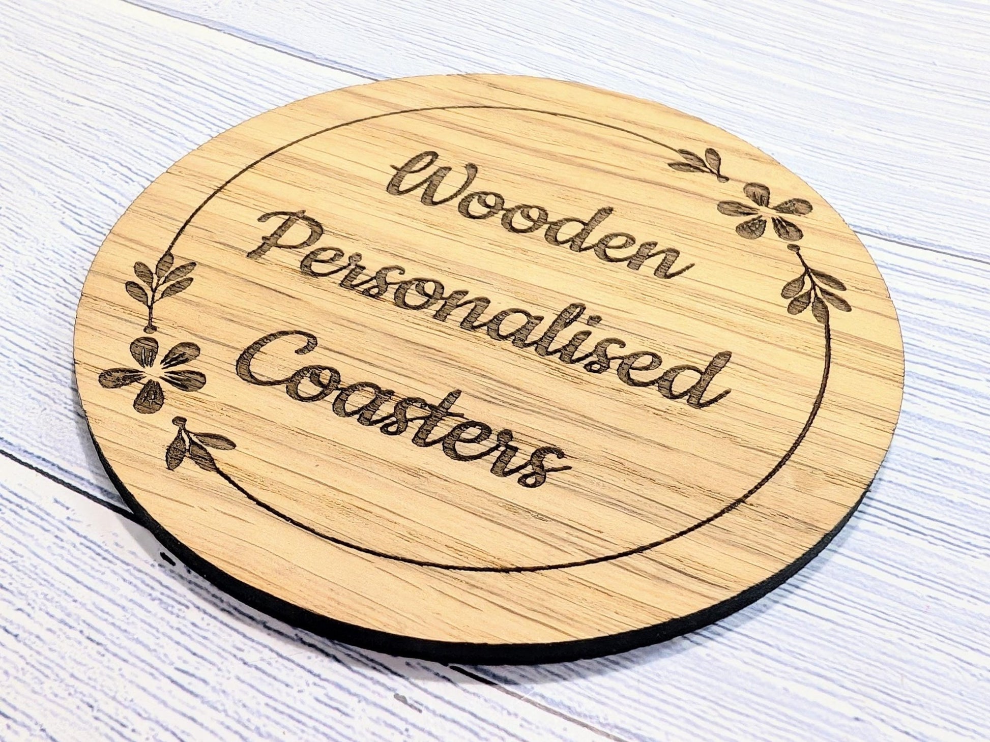 Custom Wooden Coasters – Eco - Friendly Gift, Personalised Text, Engraved Border – Bespoke Sustainable Craft, 100mm Diameter, Coffee & Tea - CherryGroveCraft