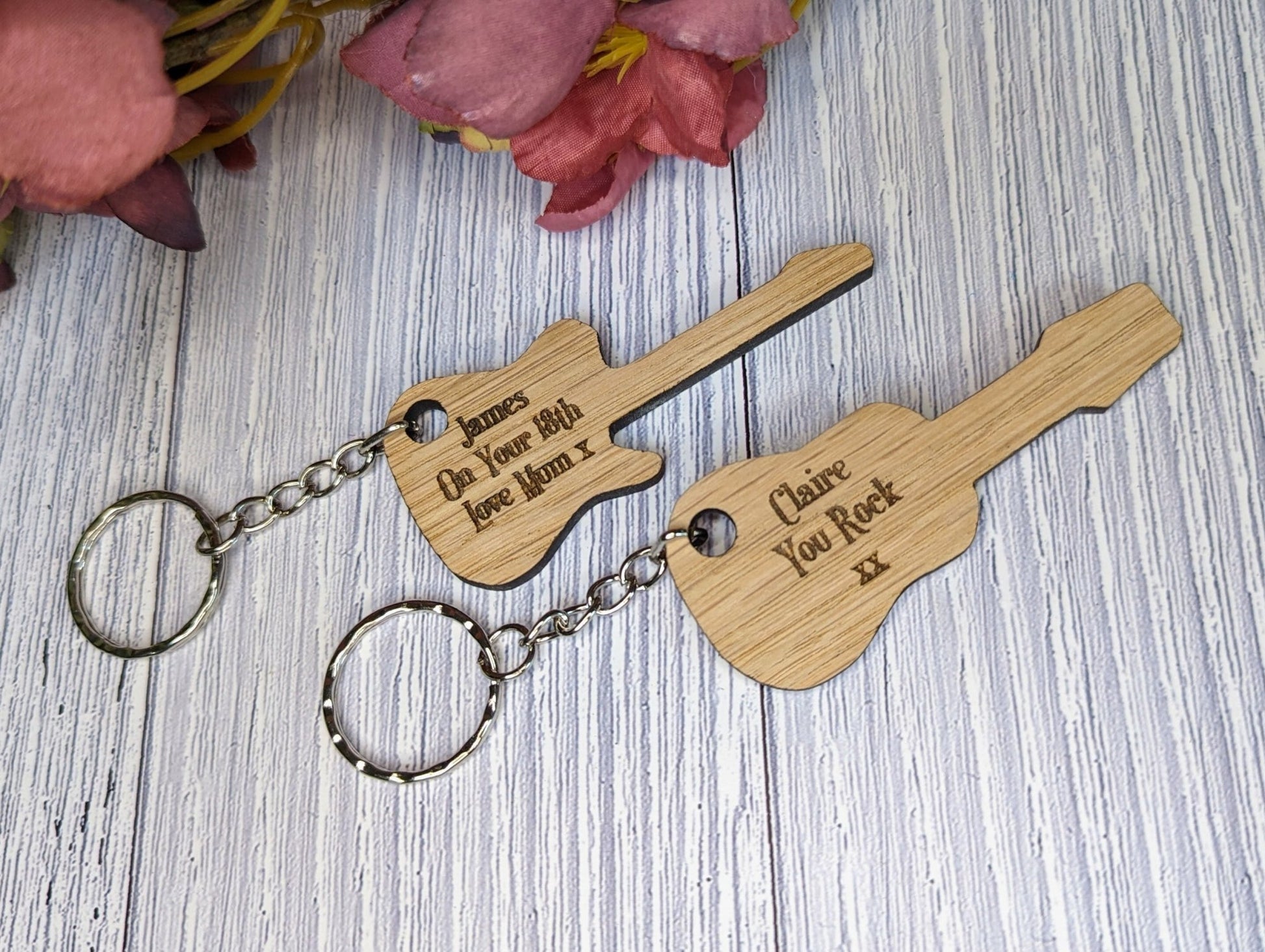 Custom Wooden Guitar Keyrings - Acoustic & Electric - Personalised Music Gift - Bag Charm - Bag Tag - CherryGroveCraft