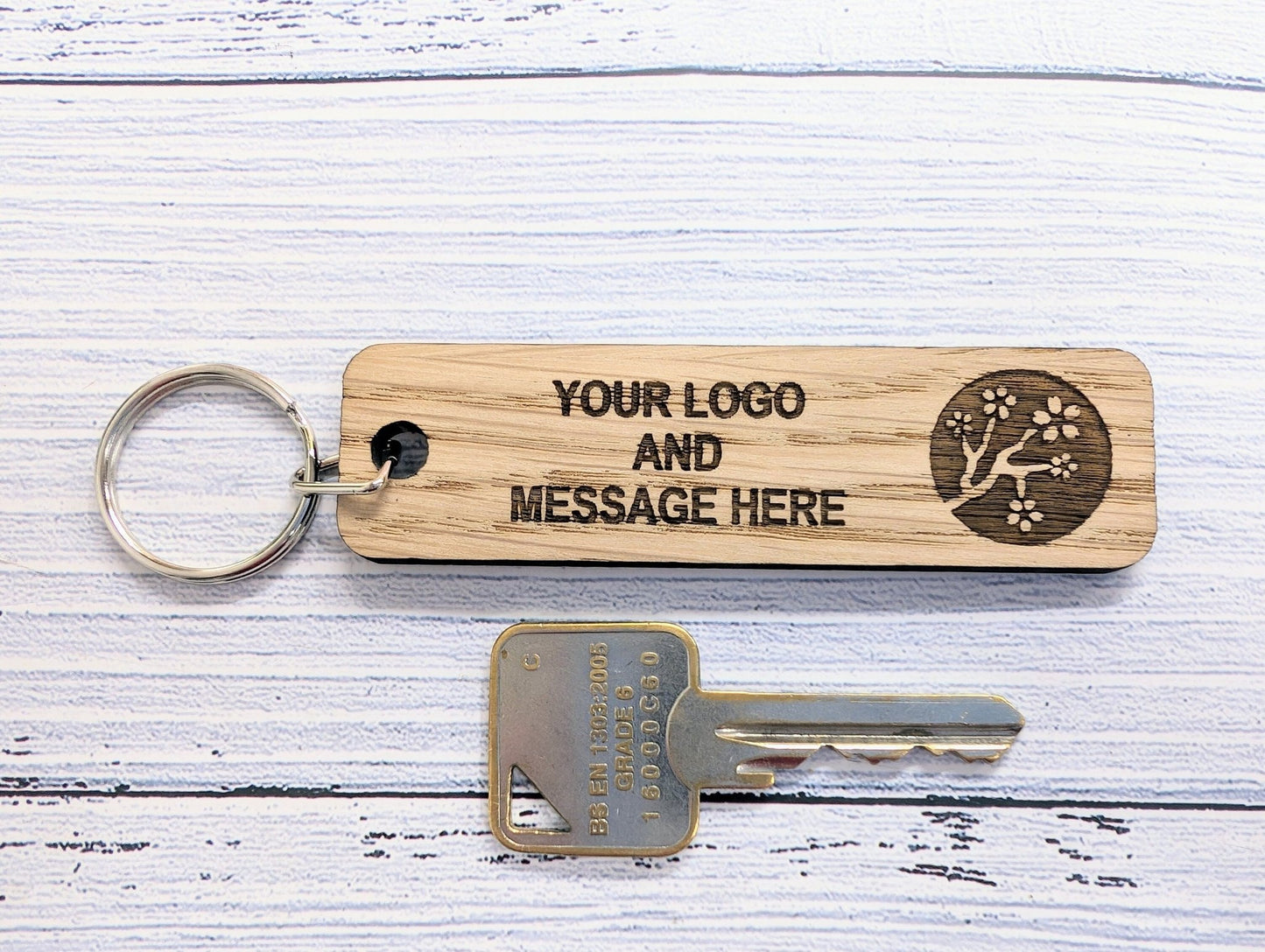 Double-sided oak keyrings in Danish oil finish — deeper grain