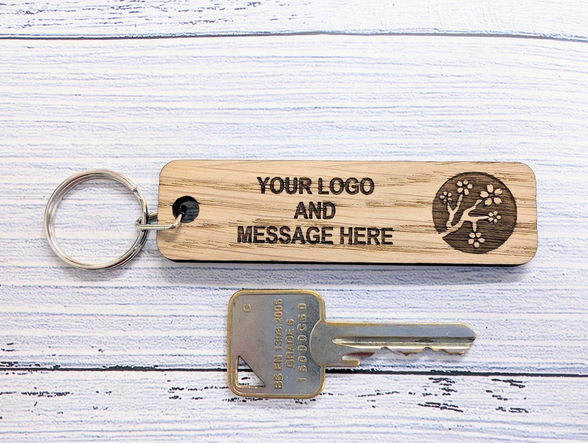 Double-sided oak keyrings in Danish oil finish — deeper grain