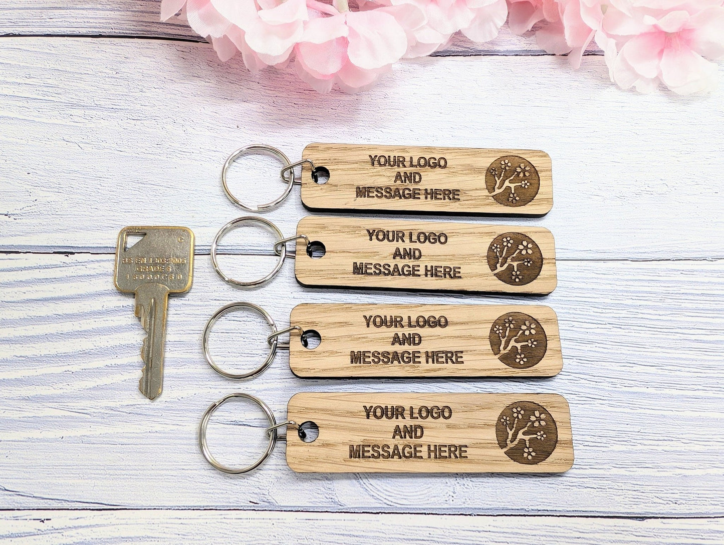 Customisable Double Sided Oak Keyring 90x25mm - Personalised Business Logo & Message | Bulk Orders, Corporate Gifts - CherryGroveCraft