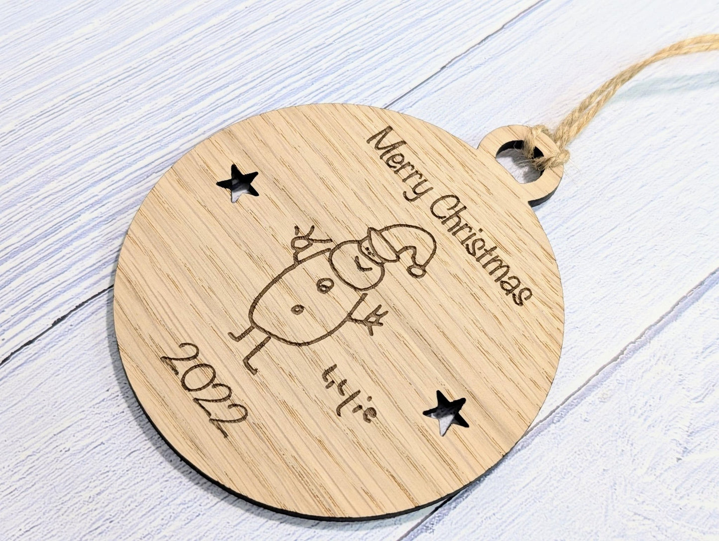 Design Your Own Wooden Bauble - Send Your Drawing, Welsh Custom Christmas Decoration in Oak Veneer - Personalised Xmas Decor Ornament - CherryGroveCraft