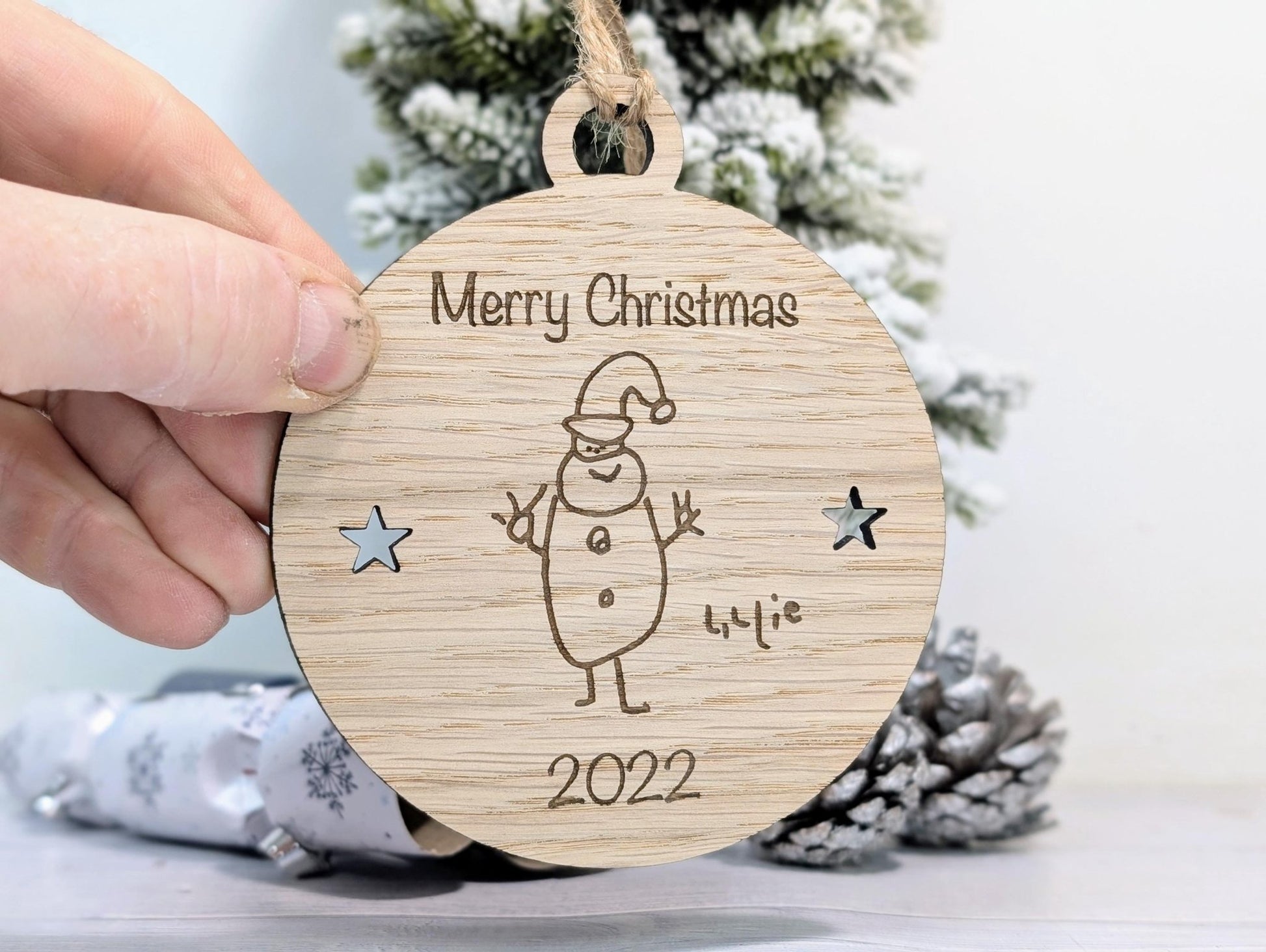 Design Your Own Wooden Bauble - Send Your Drawing, Welsh Custom Christmas Decoration in Oak Veneer - Personalised Xmas Decor Ornament - CherryGroveCraft