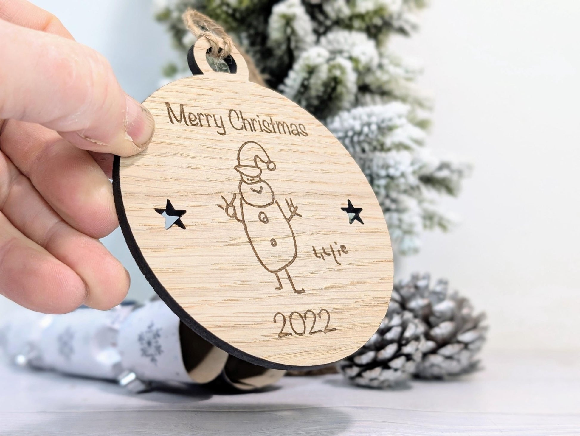 Design Your Own Wooden Bauble - Send Your Drawing, Welsh Custom Christmas Decoration in Oak Veneer - Personalised Xmas Decor Ornament - CherryGroveCraft