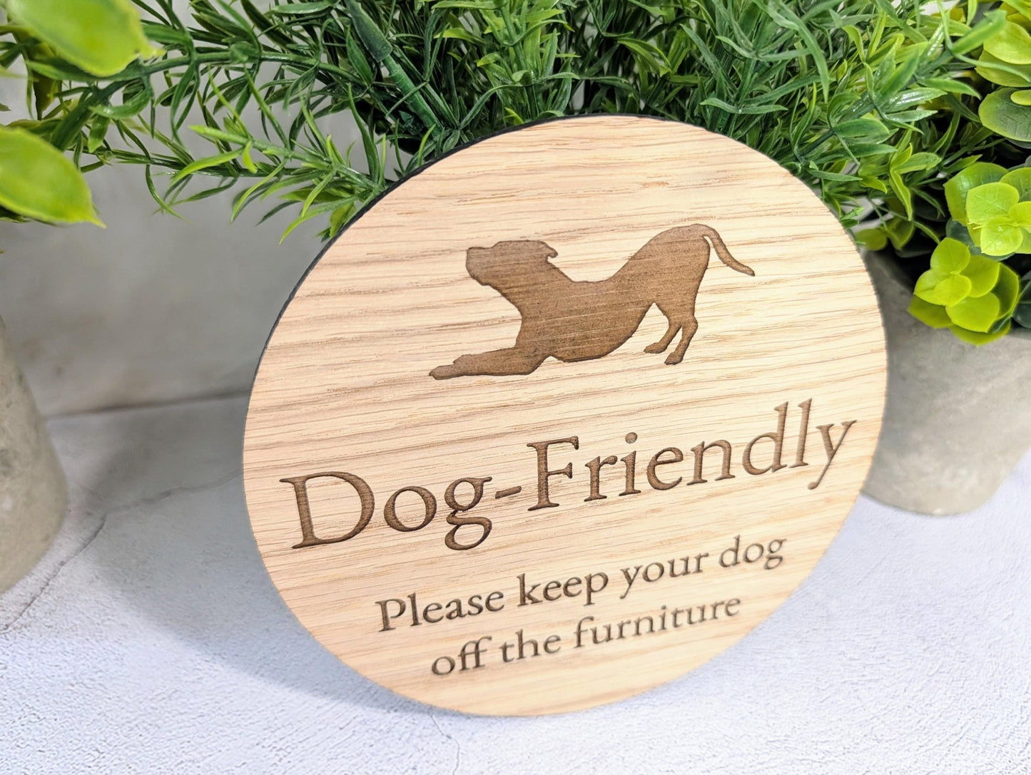 Dog Friendly Sign – Keep Dogs Off Furniture, Circular Oak Veneered Indoor Sign, Handmade in Wales, Plastic - Free Packaging, Pub, B&B, etc - CherryGroveCraft