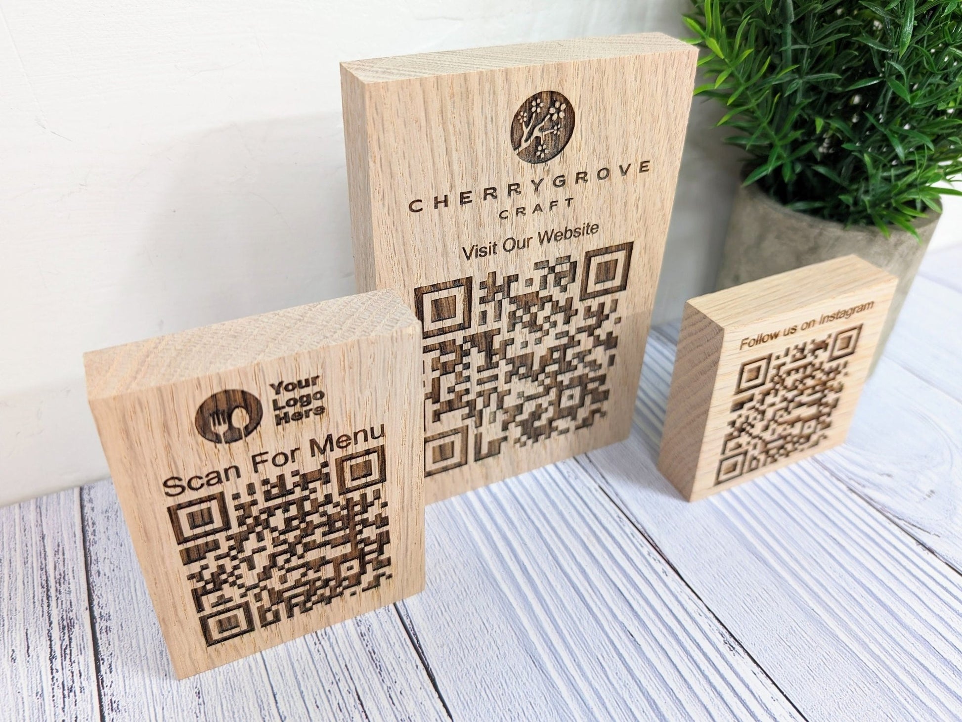 Double Sided QR Code Solid Oak Blocks - Personalised Oak Blocks - QR Code - Custom Sign - Ideal for Menus, Websites, Social Media, 3 Sizes - CherryGroveCraft