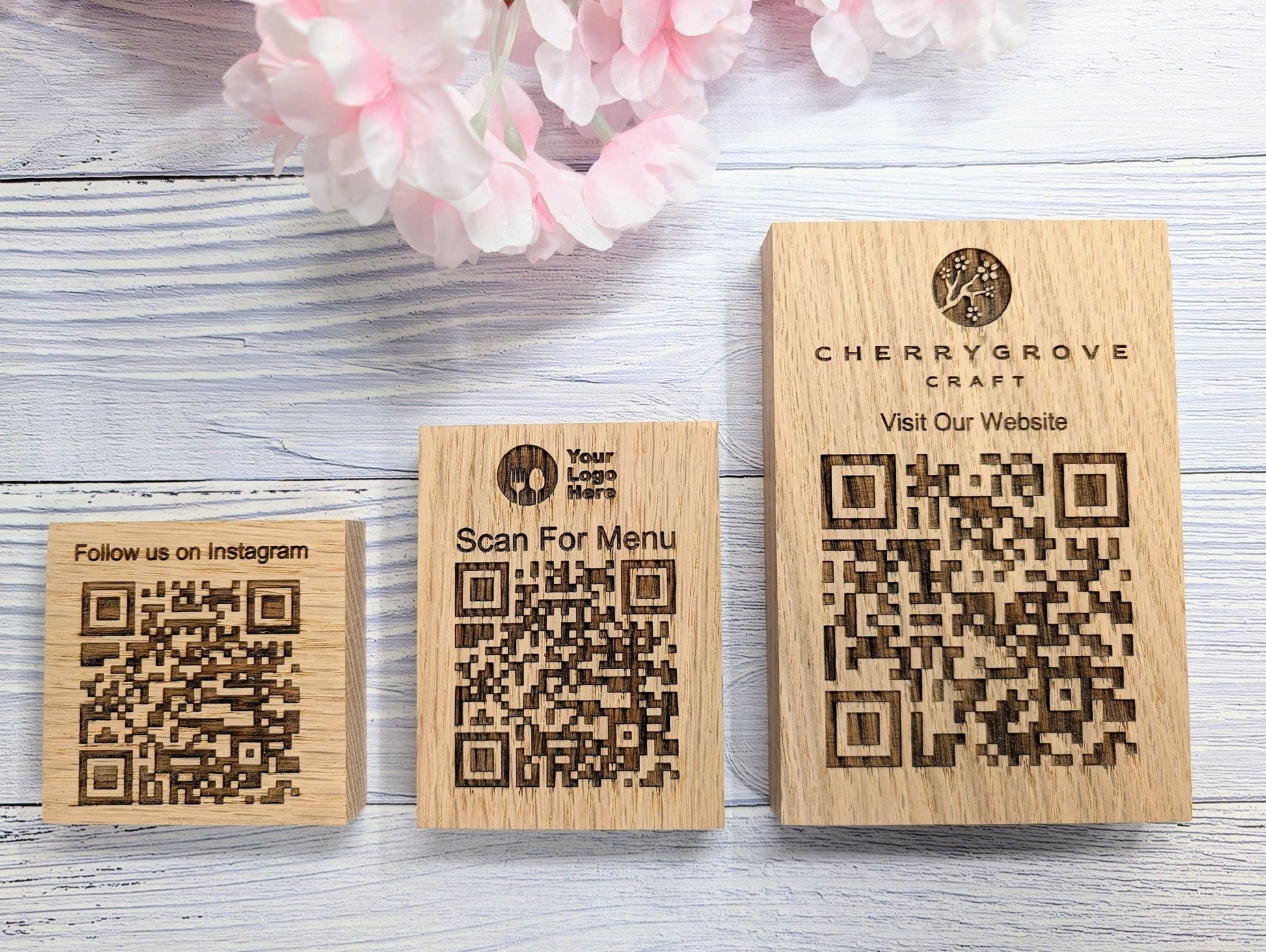 Double Sided QR Code Solid Oak Blocks - Personalised Oak Blocks - QR Code - Custom Sign - Ideal for Menus, Websites, Social Media, 3 Sizes - CherryGroveCraft