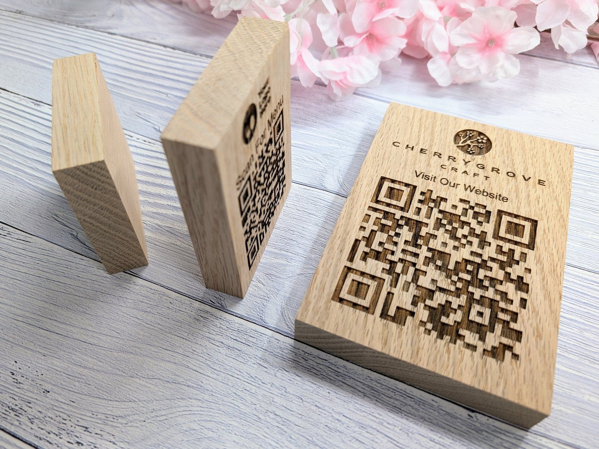 Double Sided QR Code Solid Oak Blocks - Personalised Oak Blocks - QR Code - Custom Sign - Ideal for Menus, Websites, Social Media, 3 Sizes - CherryGroveCraft