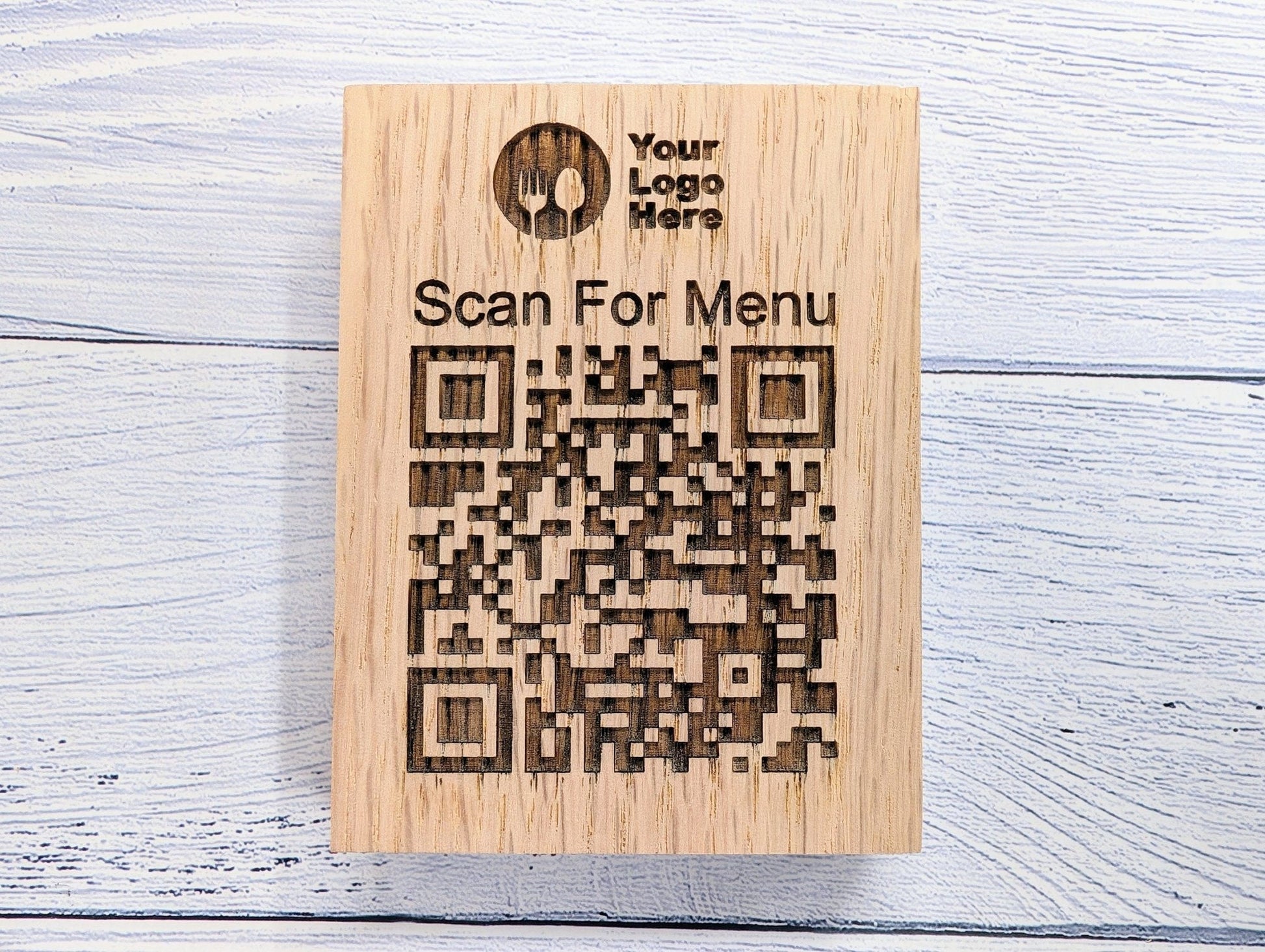 QR code oak block double-sided — 20mm thick solid oak, natural finish