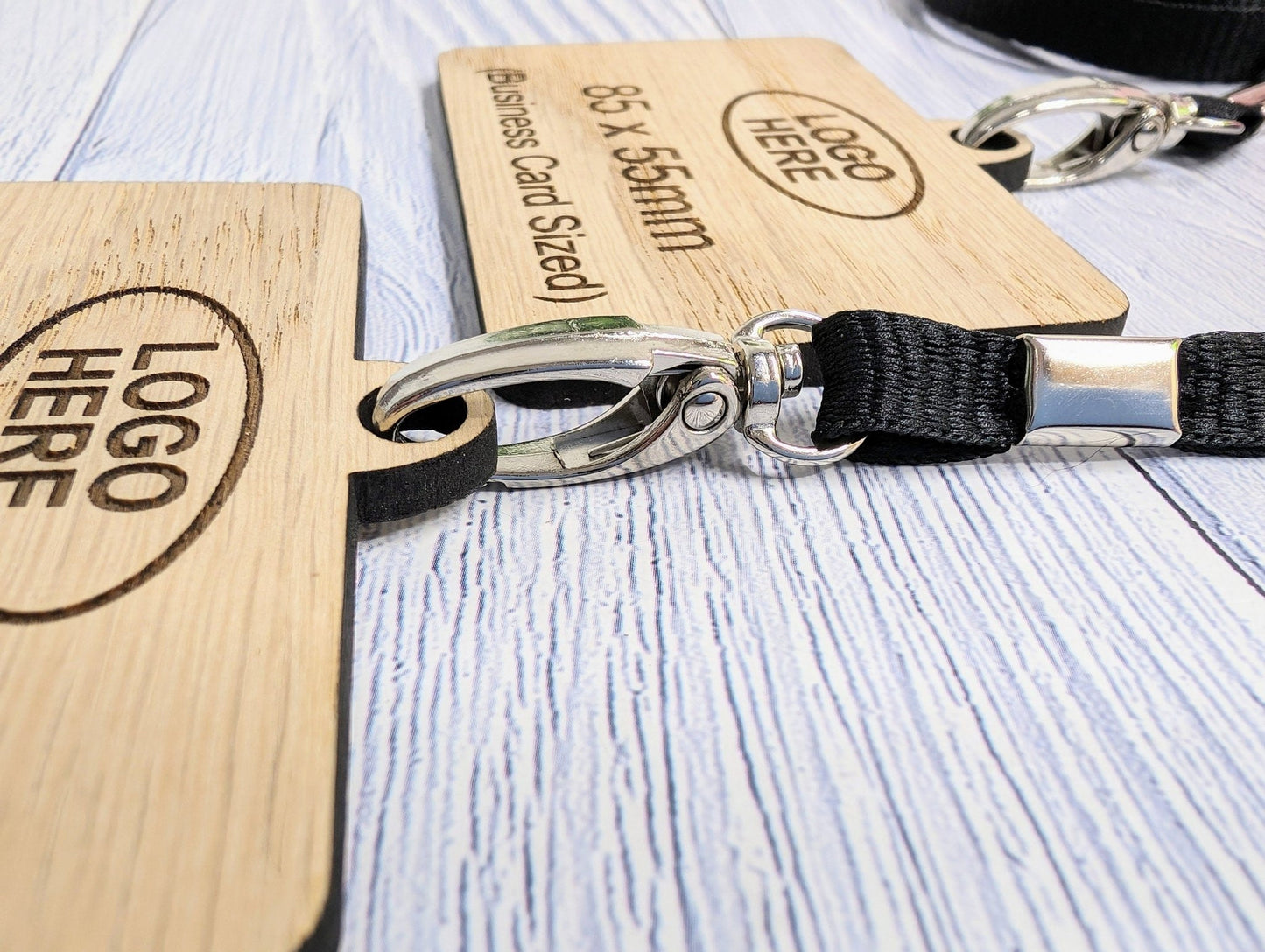 Custom wooden name badges — eco lanyards, safety breakaway clip