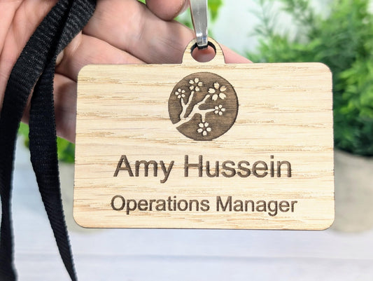 Eco Staff Name Badges - Double Sided with Lanyards, Personalised Oak Veneer Staff Name Badges on Eco Lanyards - Staff Tags, Add Your Logo - CherryGroveCraft