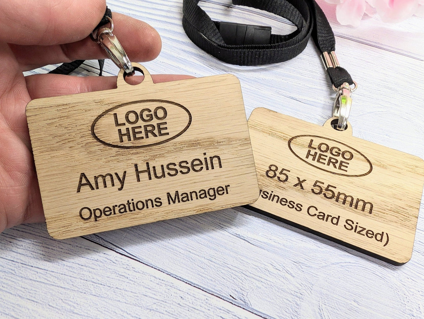 Eco Staff Name Badges - Double Sided with Lanyards, Personalised Oak Veneer Staff Name Badges on Eco Lanyards - Staff Tags, Add Your Logo - CherryGroveCraft