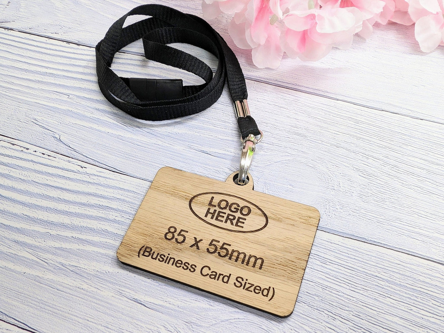 Double-sided wooden name badge with eco lanyard — oak veneered MDF, both faces engraved