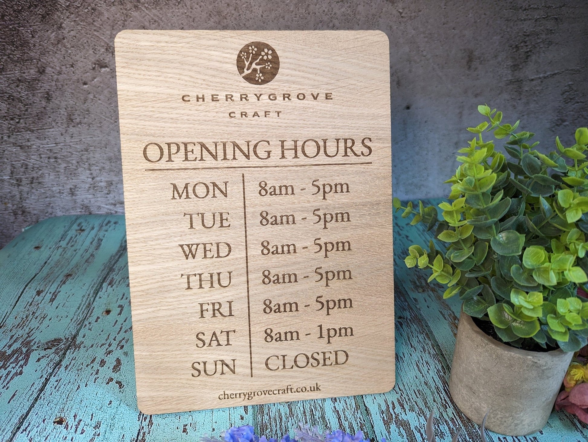 Extra large opening hours sign — A3 oak veneered MDF with logo and hours engraved