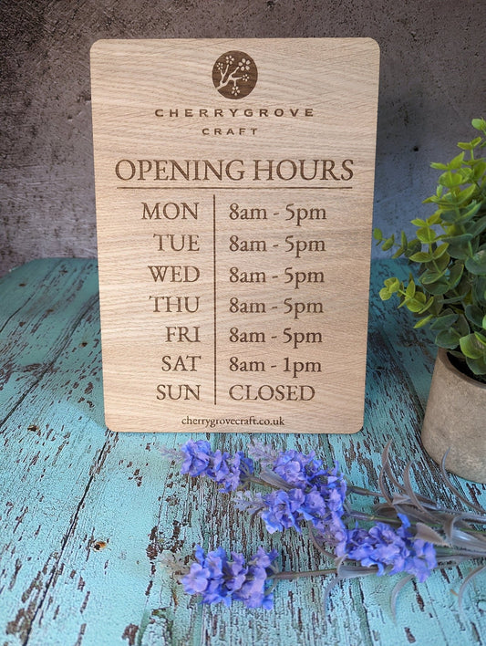 Extra Large Personalised "Opening Hours" Wooden Sign | Free Design Service | Bulk | Oak