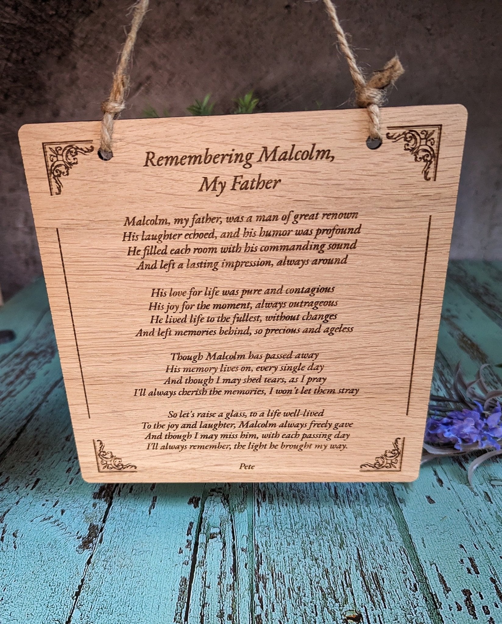 Extra large poem sign reverse showing hanging hook and string