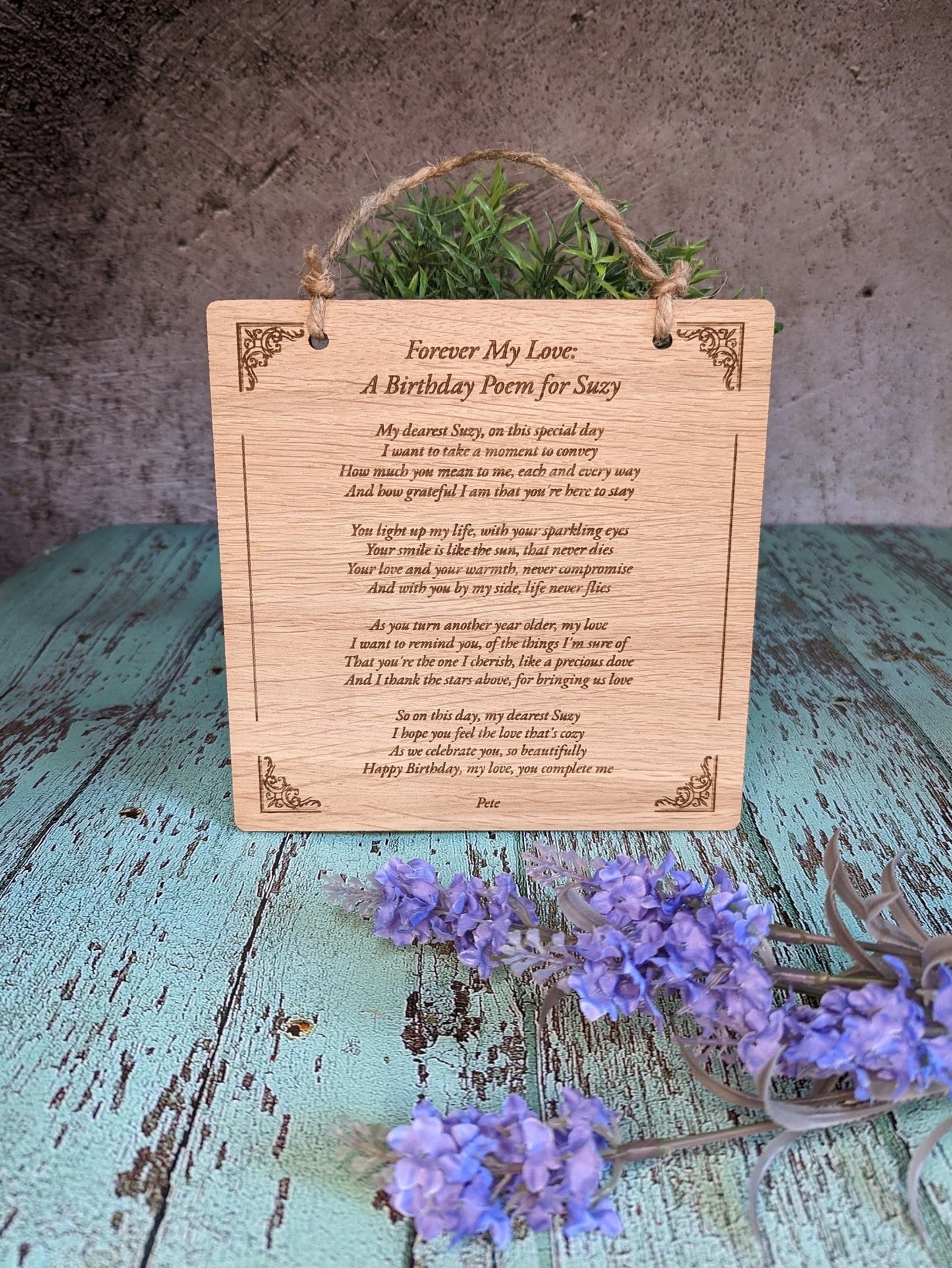 Extra large poem sign hanging on wall — 457mm x 305mm, jute string