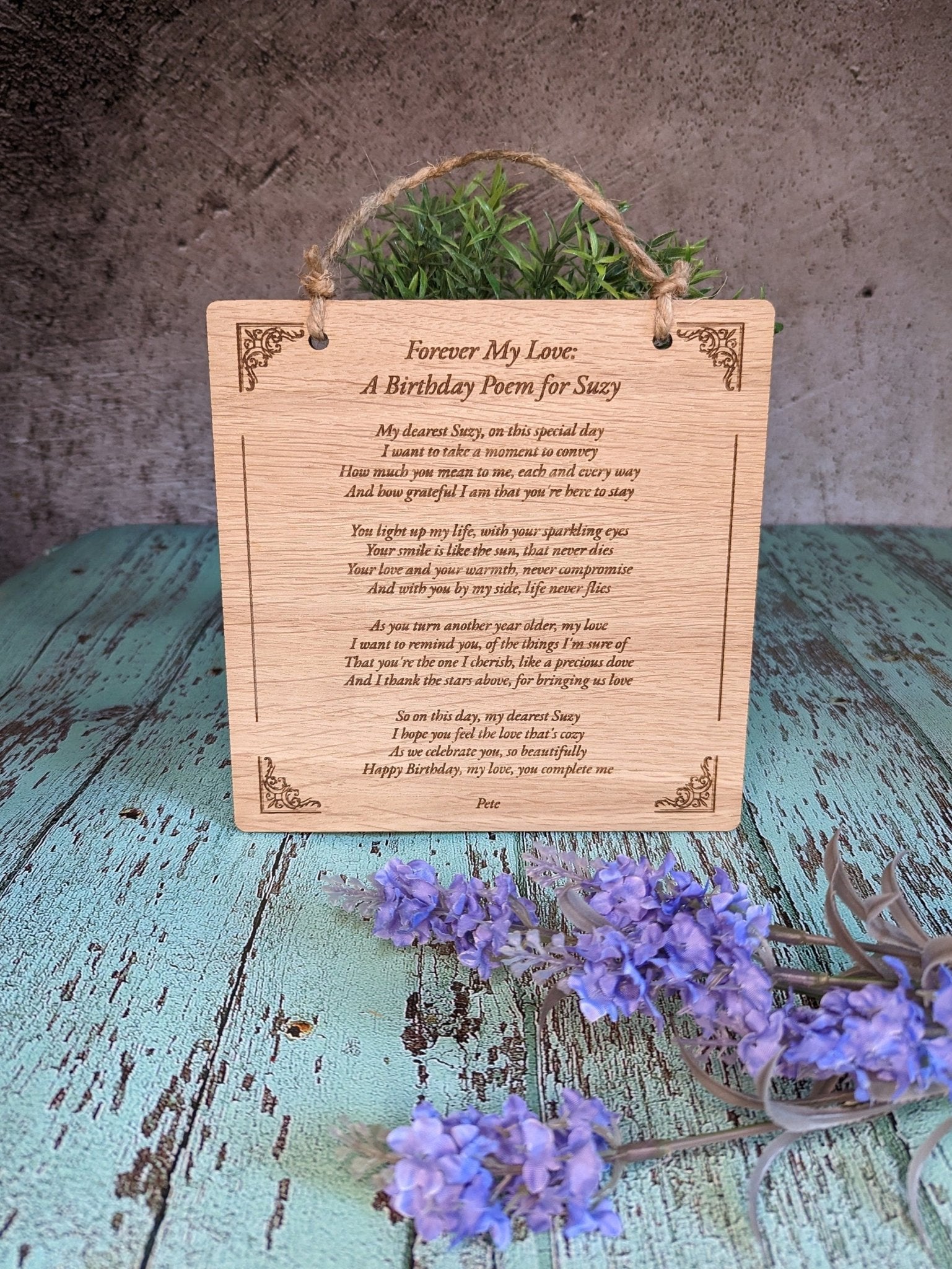 Extra large poem sign hanging on wall — 457mm x 305mm, jute string