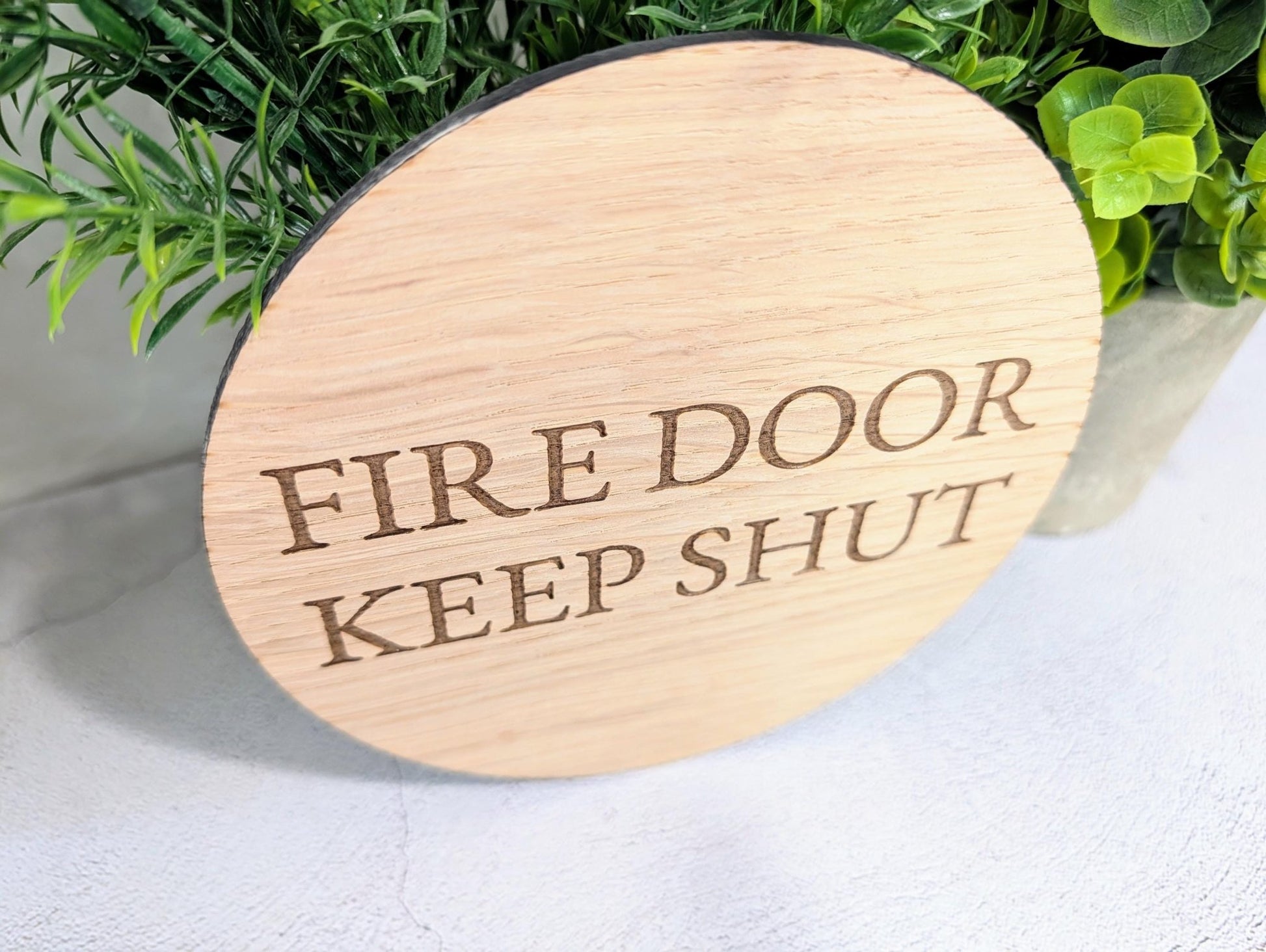 Fire Door Keep Shut Sign – Circular Oak Veneered Wall or Door Sign, Indoor Use Only, Handmade in Wales, Plastic - Free Packaging - CherryGroveCraft
