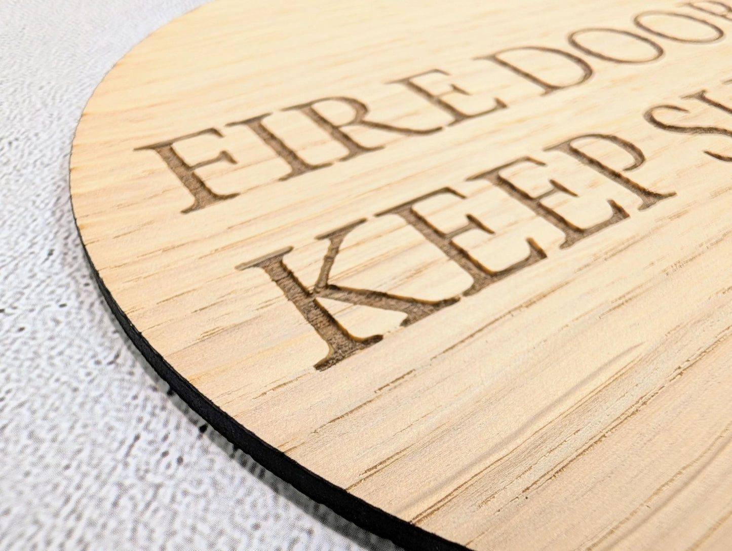 Fire Door Keep Shut Sign – Circular Oak Veneered Wall or Door Sign, Indoor Use Only, Handmade in Wales, Plastic - Free Packaging - CherryGroveCraft