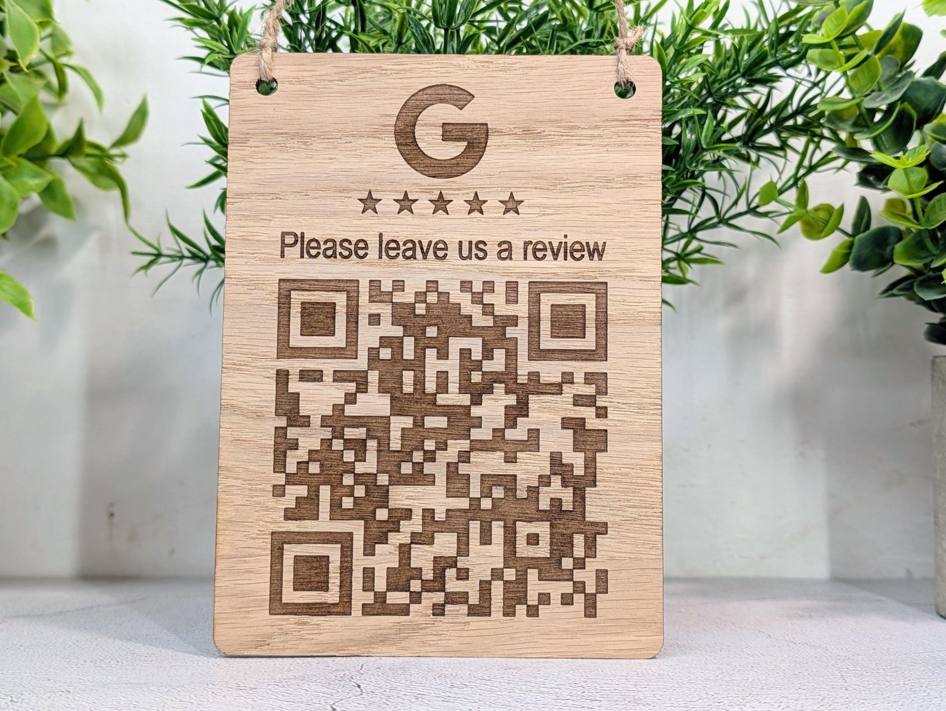 Google Review QR Sign – Oak Veneered Hanging Sign with Logo, Custom Engraved Business Review Plaque, Handmade in Wales - CherryGroveCraft
