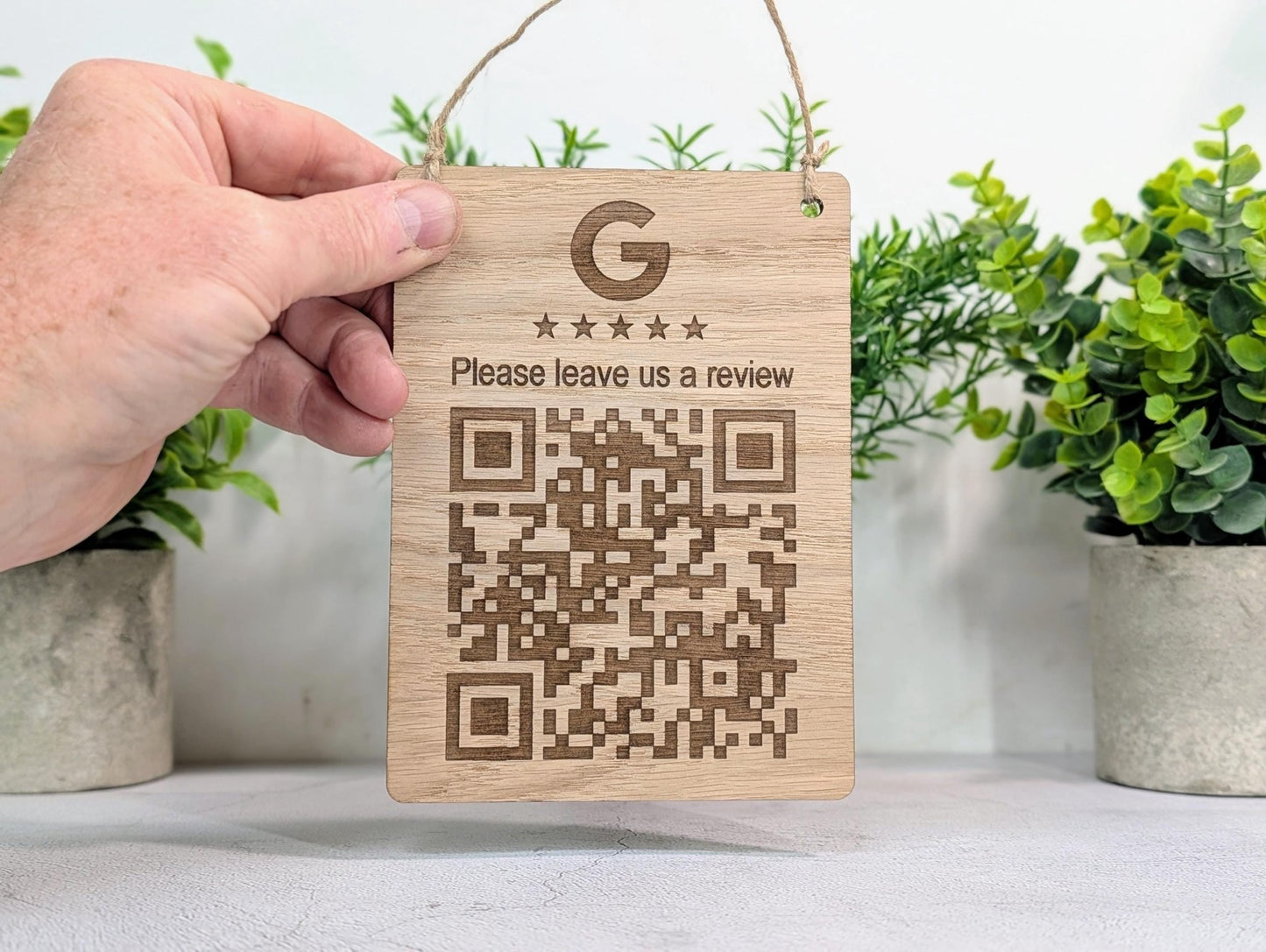 Google Review QR Sign – Oak Veneered Hanging Sign with Logo, Custom Engraved Business Review Plaque, Handmade in Wales - CherryGroveCraft