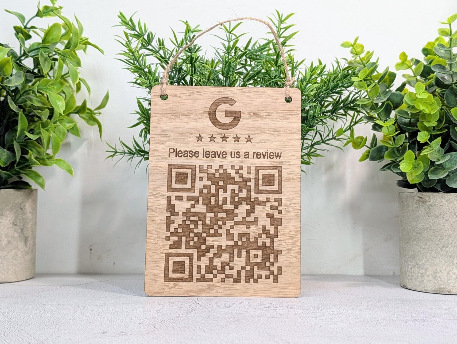 Google Review QR Sign – Oak Veneered Hanging Sign with Logo, Custom Engraved Business Review Plaque, Handmade in Wales - CherryGroveCraft
