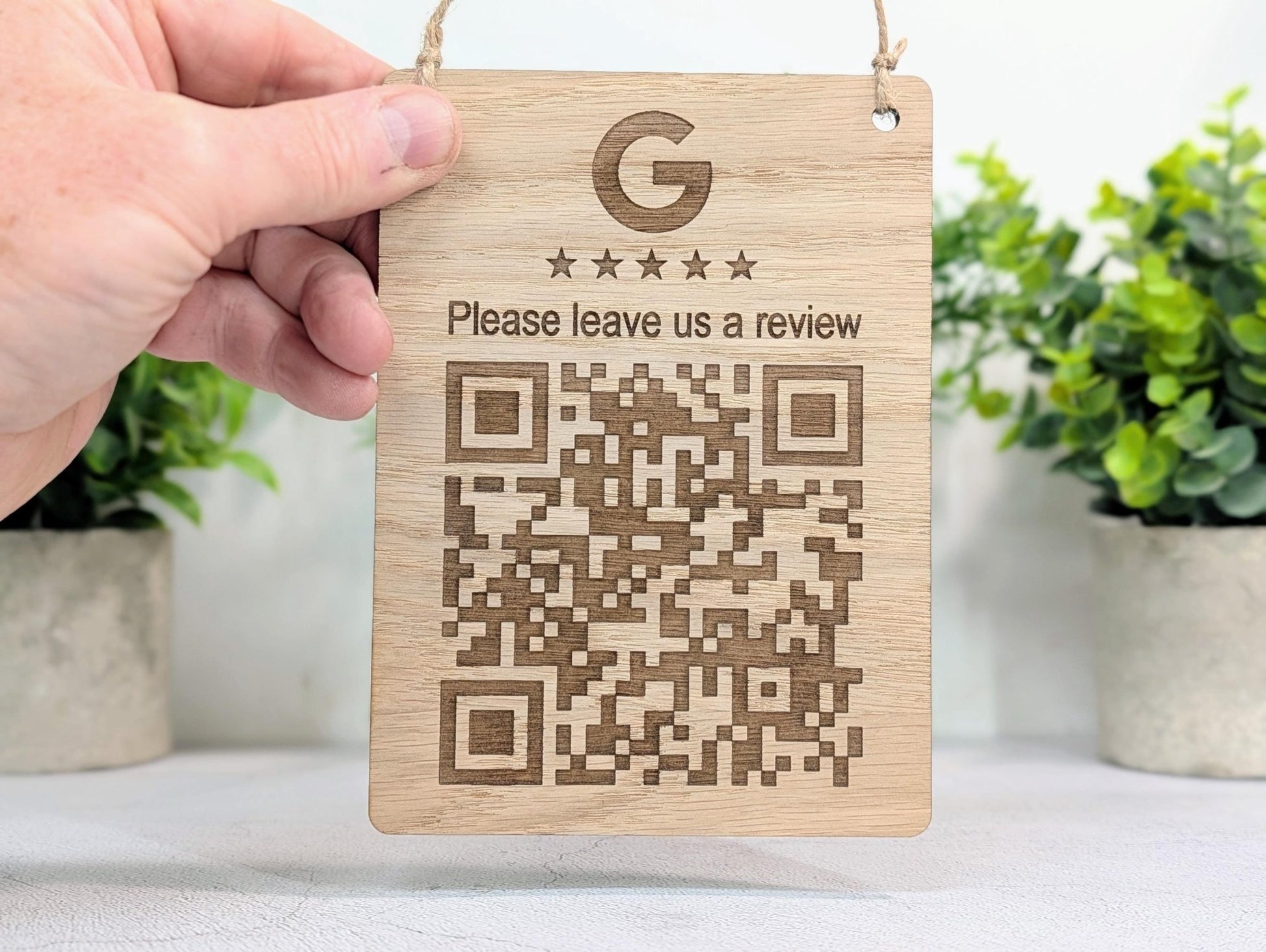 Google Review QR Sign – Oak Veneered Hanging Sign with Logo, Custom Engraved Business Review Plaque, Handmade in Wales - CherryGroveCraft