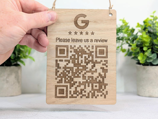 Google Review QR Sign – Oak Veneered Hanging Sign with Logo, Custom Engraved Business Review Plaque, Handmade in Wales - CherryGroveCraft