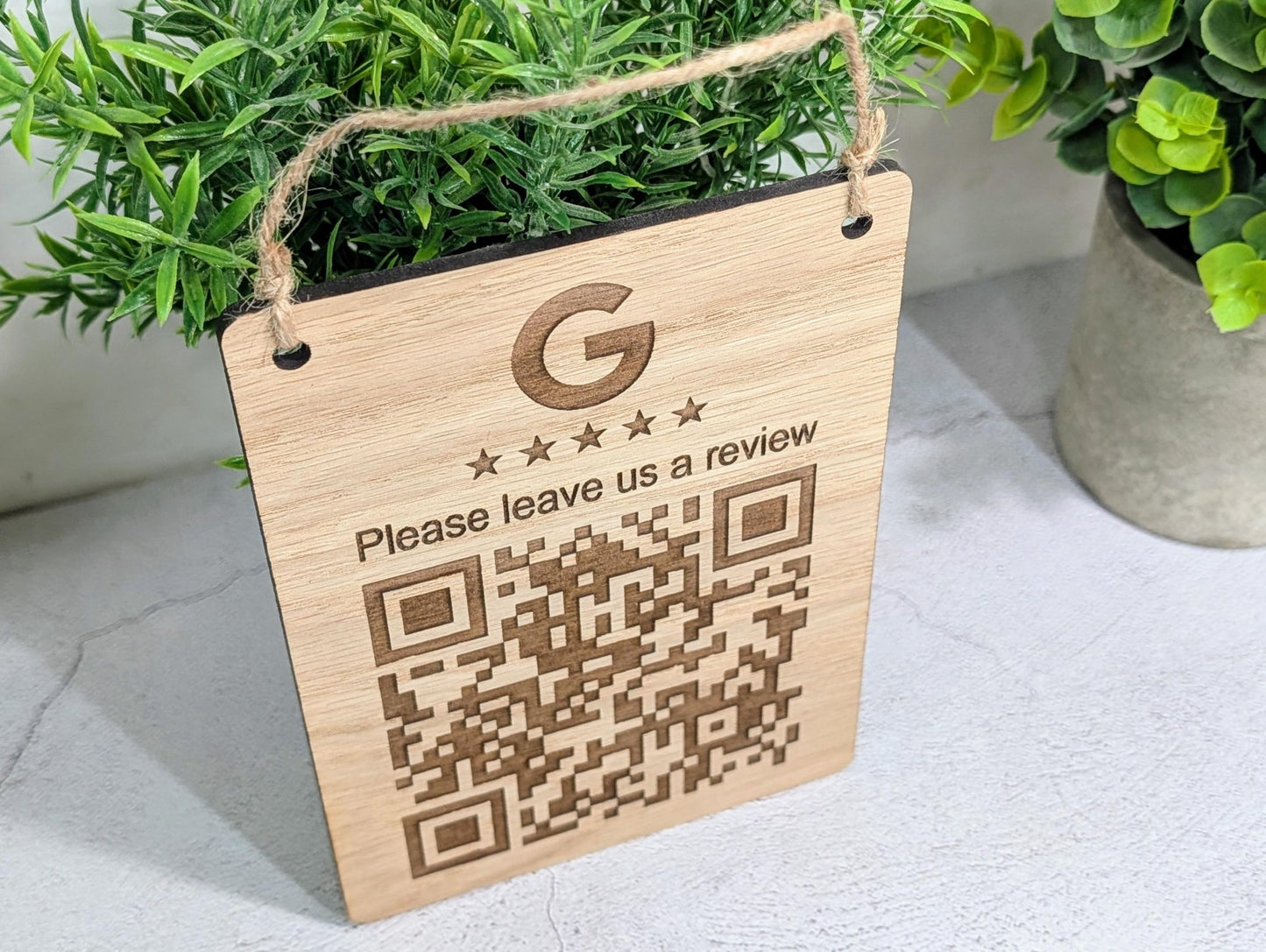 Google Review QR Sign – Oak Veneered Hanging Sign with Logo, Custom Engraved Business Review Plaque, Handmade in Wales - CherryGroveCraft